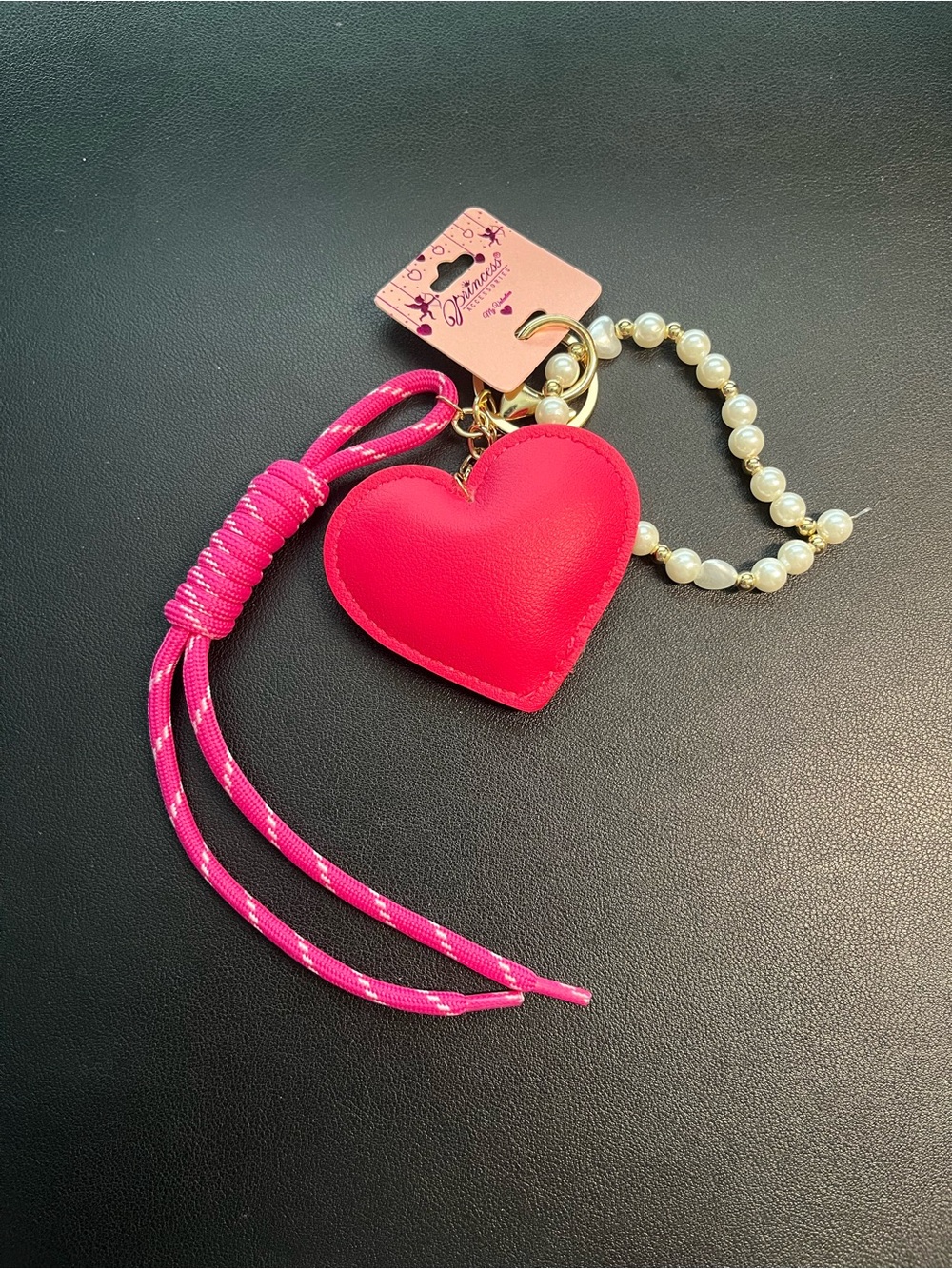 Princess Accessories Pink Heart Keychain/Charm/Wristlet with Pearl Bead Strap